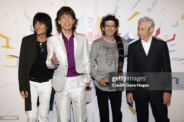 The Rolling Stones members Ron Wood, Mick Jagger, Keith Richards and Charlie Watts attend a photocall ahead of tomorrow's concert, at Hotel Principe...