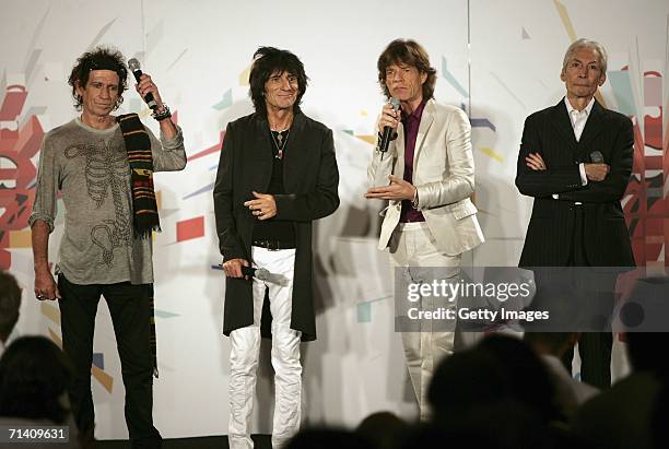 The Rolling Stones members Keith Richards, Ron Wood, Mick Jagger and Charlie Watts attend a press conference ahead of tomorrow's concert, at Hotel...