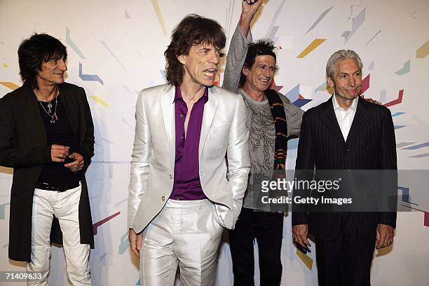 The Rolling Stones members Ron Wood, Mick Jagger, Keith Richards and Charlie Watts attend a photocall ahead of tomorrow's concert, at Hotel Principe...