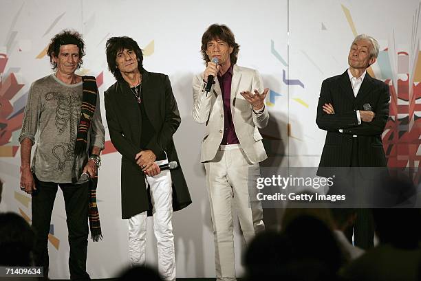 The Rolling Stones members Keith Richards, Ron Wood, Mick Jagger and Charlie Watts attend a press conference ahead of tomorrow's concert, at Hotel...