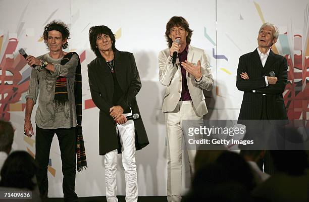 The Rolling Stones members Keith Richards, Ron Wood, Mick Jagger and Charlie Watts attend a press conference ahead of tomorrow's concert, at Hotel...