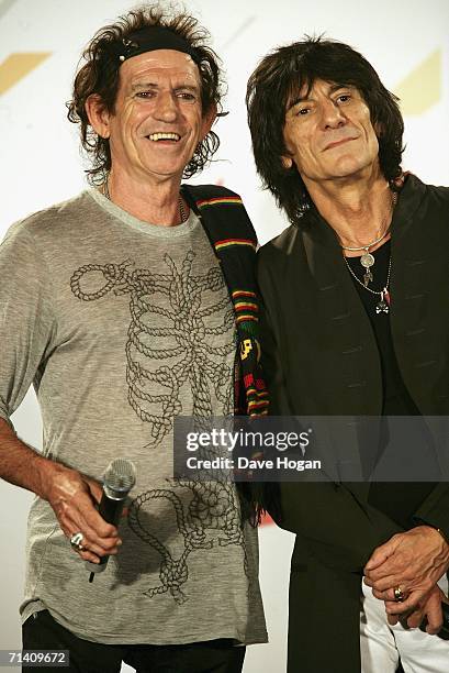 The Rolling Stones members Keith Richards and Ron Wood attend a photocall ahead of tomorrow's concert, at Hotel Principe di Savoia on July 10, 2006...