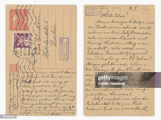 In this handout provided by the Hebrew University of Jerusalem, Signed postcard from Albert Einstein to his step-daughter Ilse, dated January 8 form...