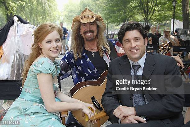 Musician Jeff Watson, actress Amy Adams and actor Patrick Dempsey appear on set during the filming of Walt Disney Pictures "Enchanted" in Central...