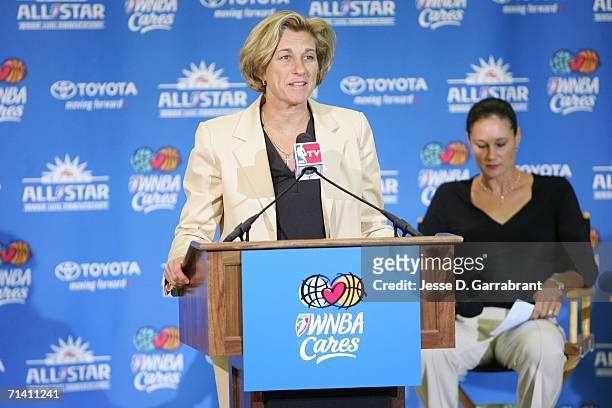 Carol Blazejowski, general manager of the New York Liberty, speaks during a WNBA Cares All-Star event at Life Shelter on July 10, 2006 in New York...