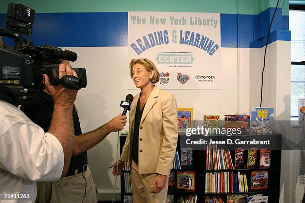 Carol Blazejowski, general manager of the New York Liberty, speaks during a WNBA Cares All-Star event at Life Shelter on July 10, 2006 in New York...