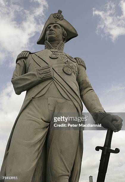 The newly restored statue of Naval hero Lord Nelson is unveiled with cleaned and refreshed stonework in Trafalgar Square on July 11, 2006 in London,...
