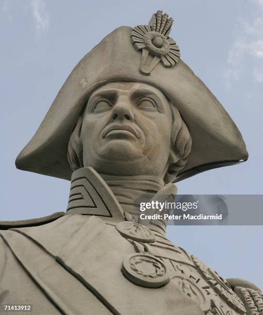 The newly restored statue of Naval hero Lord Nelson is unveiled with cleaned and refreshed stonework in Trafalgar Square on July 11, 2006 in London,...