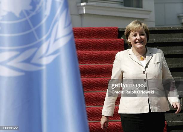 German Chancellor Angela Merkel arrives at a press conference at the Palais Schaumburg on July 11, 2006 in Bonn, Germany. Annan and Merkel will...