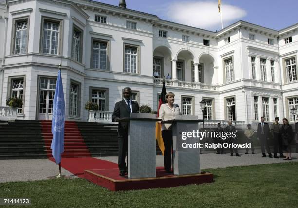 General-secretary Kofi Annan and German Chancellor Angela Merkel give a statement at the Palais Schaumburg on July 11, 2006 in Bonn, Germany. Annan...