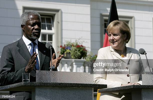 General-secretary Kofi Annan and German Chancellor Angela Merkel give a statement at the Palais Schaumburg on July 11, 2006 in Bonn, Germany. Annan...