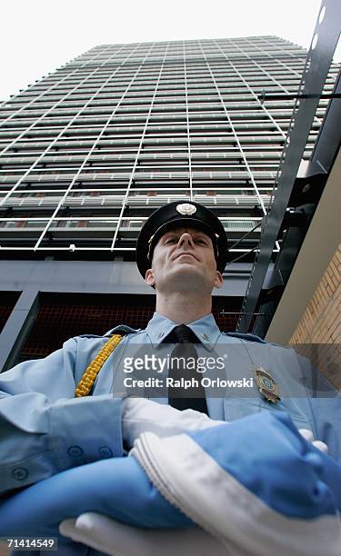 Security guard stands in front the United Nations headquarters on July 11, 2006 in Bonn, Germany. U.N. General-secretary Kofi Annan and German...