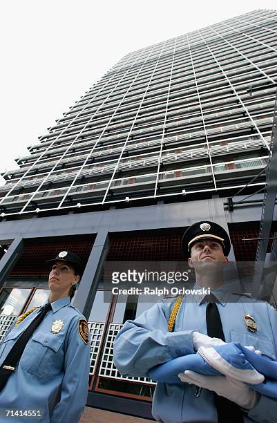 Security guards stand in front the United Nations headquarters on July 11, 2006 in Bonn, Germany. U.N. General-secretary Kofi Annan and German...