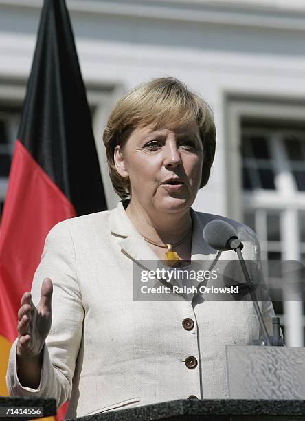 German Chancellor Angela Merkel gives a statement at the Palais Schaumburg on July 11, 2006 in Bonn, Germany. Merkel and U.N. General-secretary Kofi...