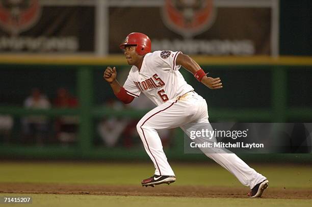 Jose Guillen of the Washington Nationals runs to second base during a baseball game against the San Diego Padres on July 7, 2006 at RFK Stadium in...