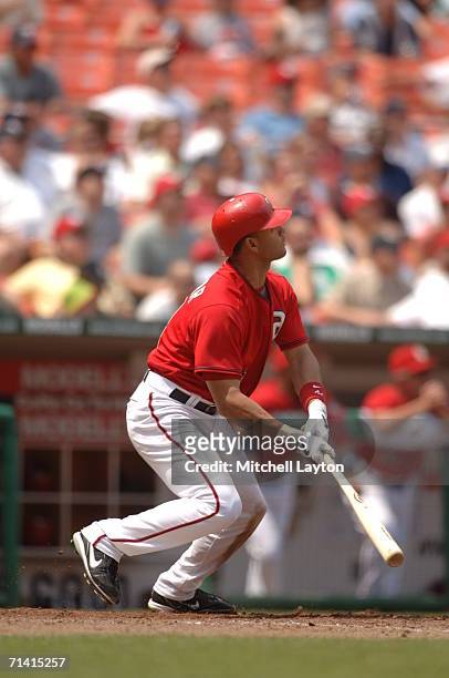 Alex Escobar of the Washington Nationals takes a swing during a baseball game against the San Diego Padres on July 9, 2006 at RFK Stadium in...