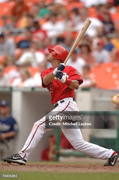 Alex Esxcobar of the Washington Nationals takes a swing during a baseball game against the San Diego Padres on July 9, 2006 at RFK Stadium in...