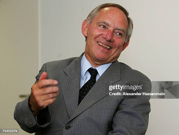 German Interior Minister Wolfgang Schaeuble seen during an interview before the FIFA World Cup Germany 2006 Semi-final match between Portugal and...