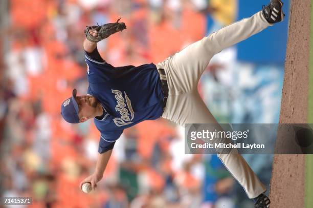 Scott Linebrink of the San Diego Padres pitches during a baseball game against the Washington Nationals on July 9, 2006 at RFK Stadium in Washington...