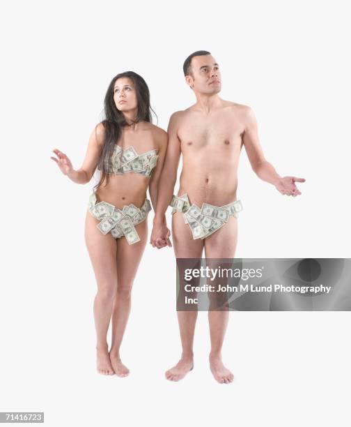 young asian couple wearing underwear made out of money - man made object bildbanksfoton och bilder