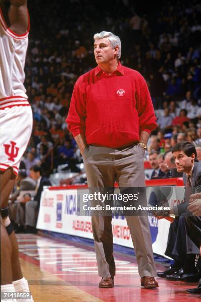 Head coach Bobby Knight of the University of Indiana Hoosiers looks on from courtside during a 1992 season game.