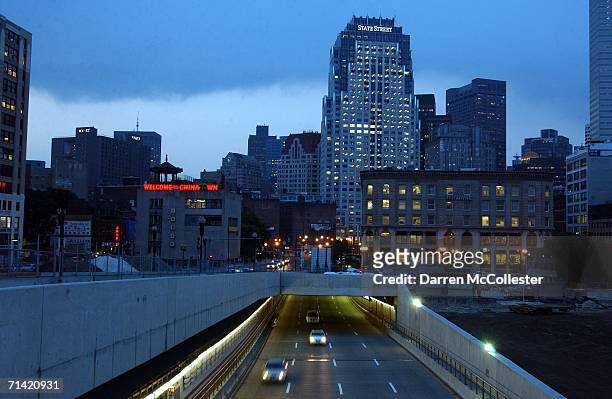 Traffic exits from a section of the highway known as the "Big Dig" heading south along Interstate 93 July 11, 2006 in Boston, Massachusetts. A 10X30...