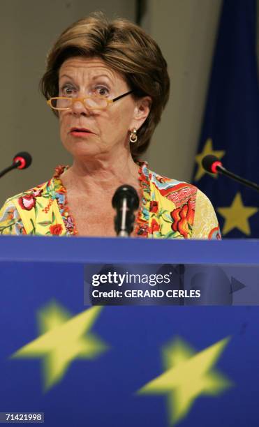 Competition commissioner Neelie Kroes gives a press conference at EU headquarters in Brussels 12 July 2006. The European Commission slapped Microsoft...