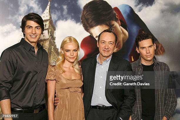 Actors Brandon Routh, Kate Bosworth, Kevin Spacey and director Brian Singer attend the photocall of 'Superman Returns' held at the Dorchester Hotel...