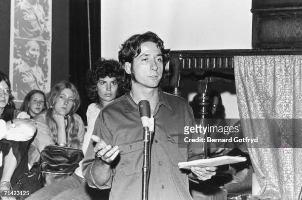 American peace activist and later politician Tom Hayden delivers a lecture to the audience at an anti-war function shortly after his return from a...