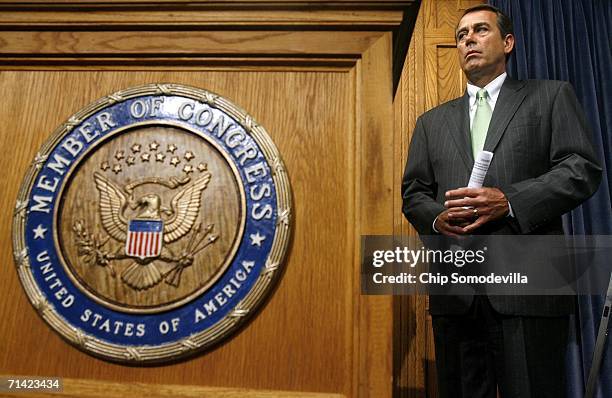 House of Representatives Majority Leader John Boehner holds a press conference at the Capitol July 12, 2006 in Washington, DC. The House GOP leaders...