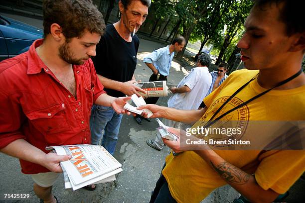 Needle exchange volunteer gives needles to a addict on August 19, 2005 in Odessa, Ukraine. A needle exchange programme run in Odessa by a local NGO...