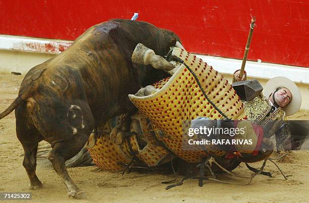 Picador and his horse fall after being knocked down by the last Alcurrucen fighting bull of the sixth corrida of the San Fermin festivities, 12 July...