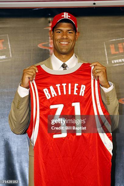 Shane Battier attends a press conference announcing him as a Houston Rocket after being traded on draft night from the Memphis Grizzlies July 12,...