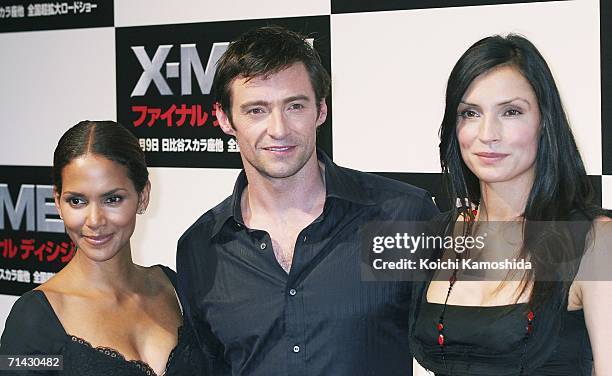 Actors Halle Berry, Hugh Jackman and Famke Janssen attend a press conference for the premiere of the movie "X-Men: The Last Stand" on July 13, 2006...