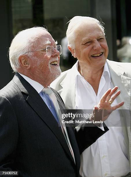 Lord Richard Attenborough and Sir David Attenborough pose together outside the 'Richard Attenbororugh' Building at the University of Leicester,...