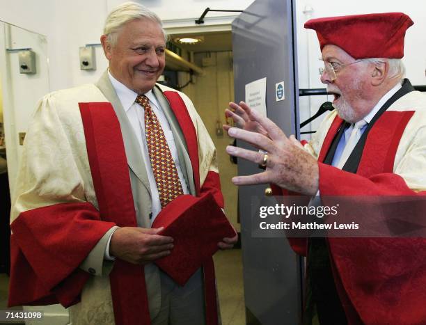 Lord Richard Attenborough and Sir David Attenborough robe up, before they are awarded the title of Distinguished Honorary Fellowships from the...