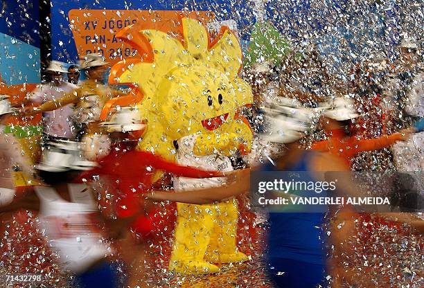 Rio de Janeiro, BRAZIL: Dancers perform during the presentation to the press of O Sol , the new Pan-American 2007 Games mascot, in Rio de Janeiro 13...