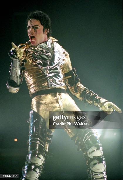 Michael Jackson performs on stage during is "HIStory" world tour concert at Ericsson Stadium November 10, 1996 in Auckland, New Zealand.