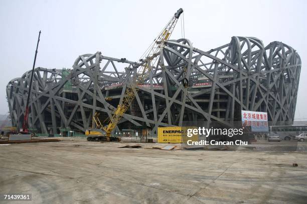 View of the construction site of the National Stadium on July 14, 2006 in Beijing, China. The National Stadium nicknamed the "Bird's Nest" due to the...