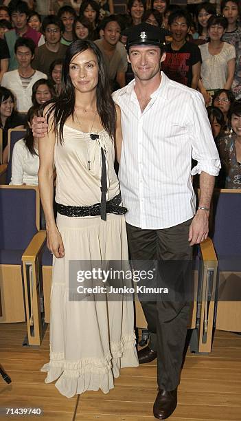 Actress Famke Janssen and Actor Hugh Jackman pose for photographers during the premiere of the movie "X-Men: The Last Stand" at Waseda University on...