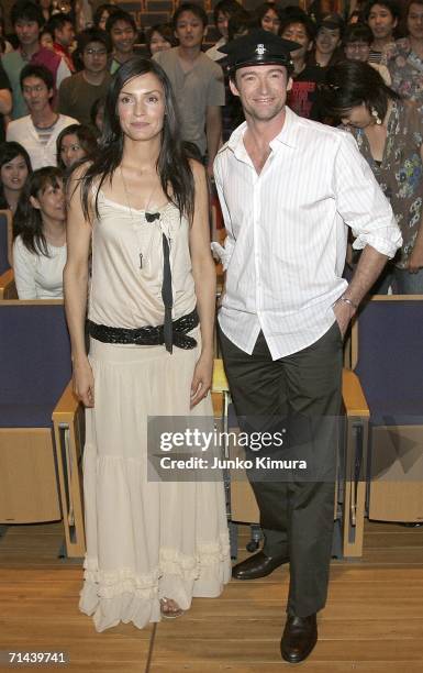 Actress Famke Janssen and Actor Hugh Jackman pose for photographers during the premiere of the movie "X-Men: The Last Stand" at Waseda University on...