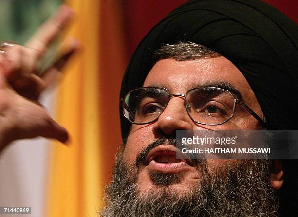 Sheikh Hassan Nasrallah, the head of the Lebanese Shiite Muslim movement Hezbollah, gives a speech to mark the anniversary of assassination by Israel...