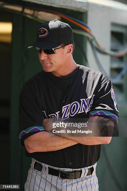 Manager Bob Melvin of the Arizona Diamondbacks stands in the dugout during the game against the Oakland Athletics at the Network Associates Coliseum...
