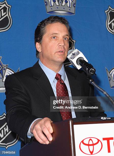 General Manager Dean Lombardi of the Los Angeles Kings speaks to the media during the press announcement that former Los Angeles Kings defenseman Rob...