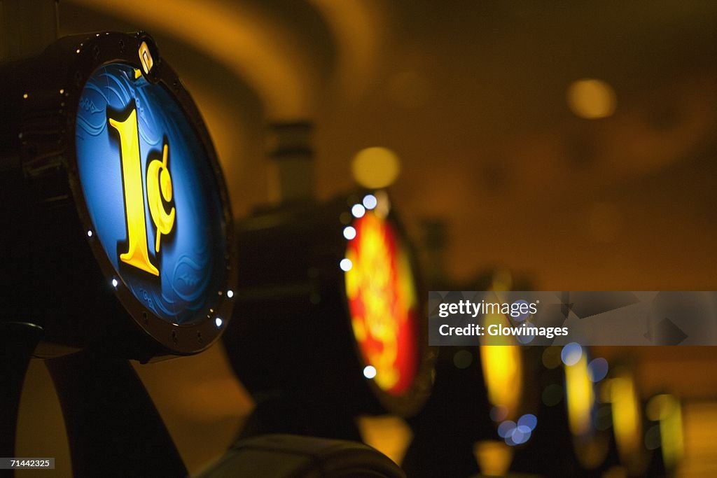 Close-up of signs of slot machines in a casino, Las Vegas, Nevada, USA