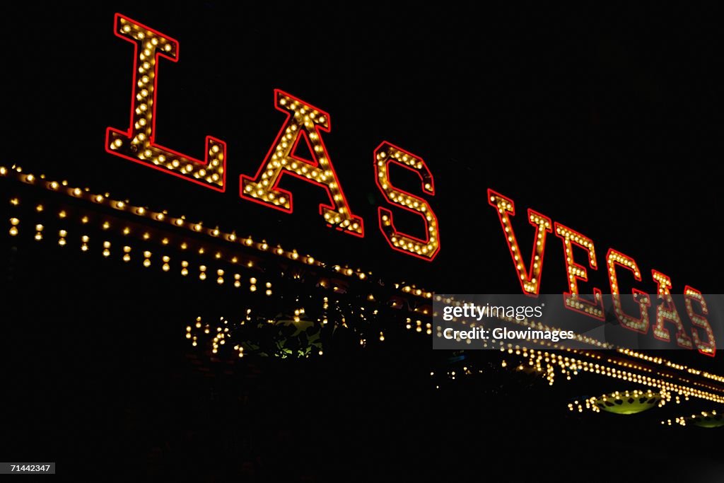 Low angle view of a neon sign board, Las Vegas, Nevada, USA
