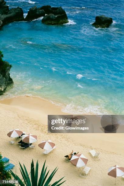 aerial view of canopies on a beach, bermuda - bermuda aerial stock pictures, royalty-free photos & images