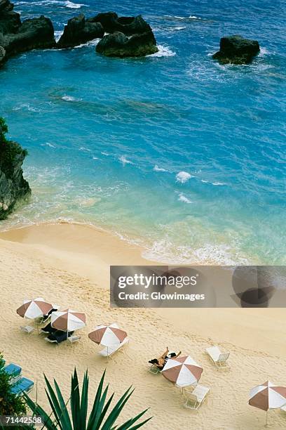 aerial view of canopies on a beach, bermuda - bermuda beach imagens e fotografias de stock