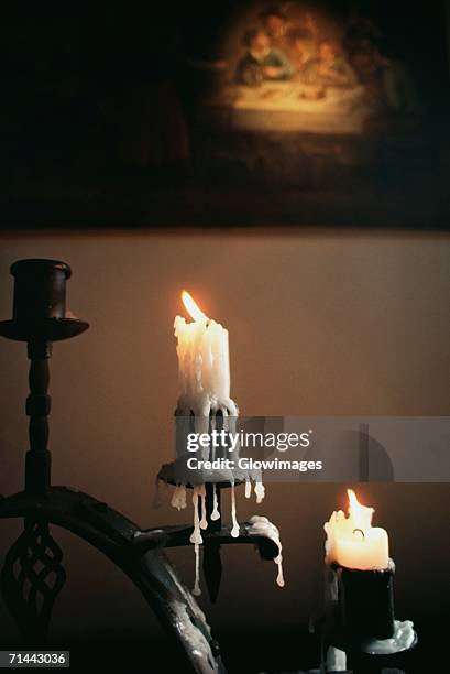 front view of melted lit up candles, old san juan, puerto rico - san juan imagens e fotografias de stock