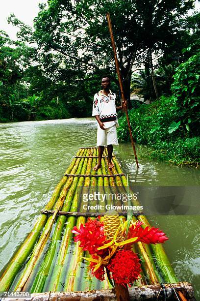 a man is standing on a bamboo raft floating down the martha brae river, jamaica - jamaica stock-fotos und bilder